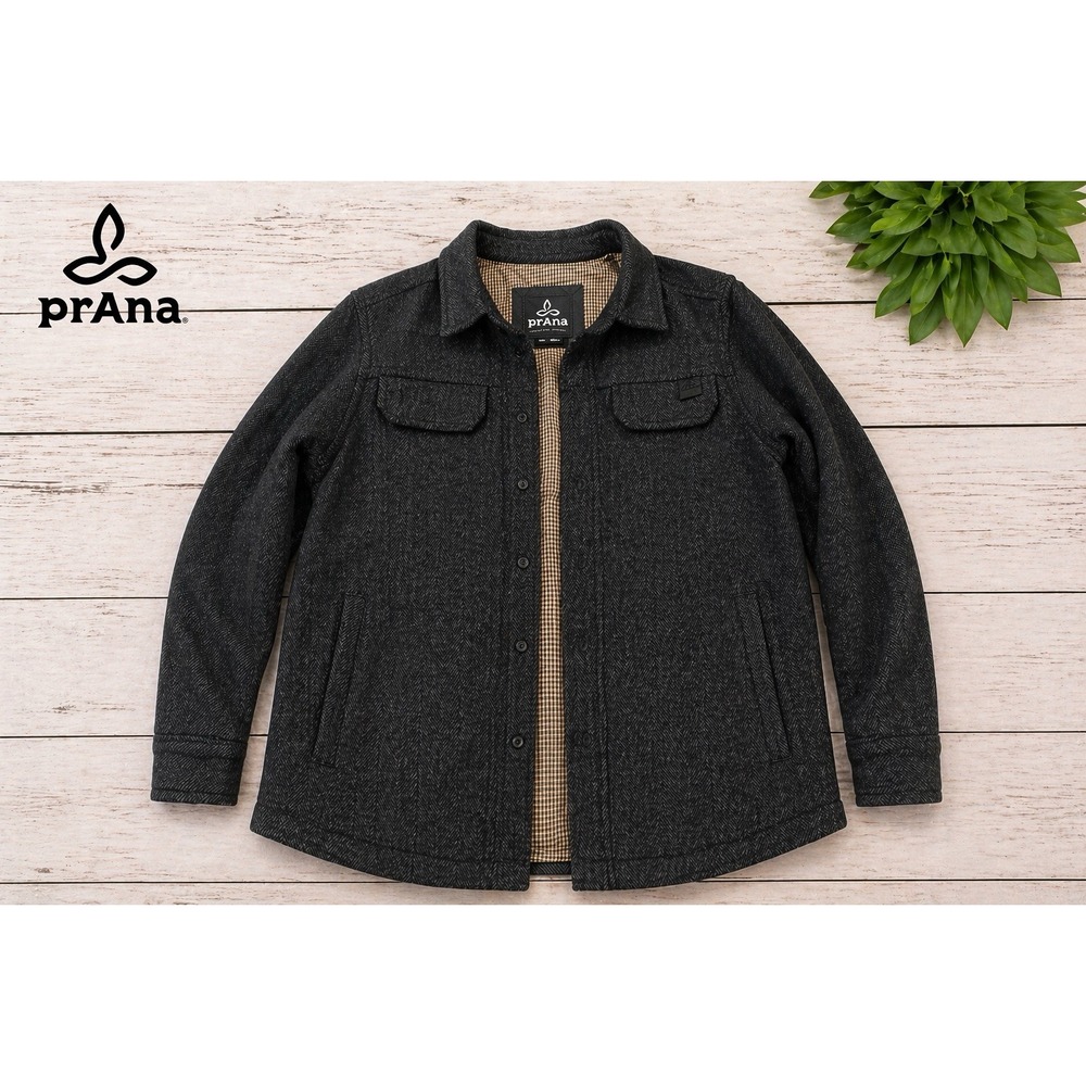 Prana Mens L Herringbone‎ Wool Blend Shirt Jacket Charcoal Grey Plaid Lined Coat